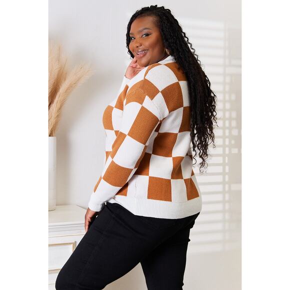 DOUBLE TAKE Camel White Checkered V-Neck Dropped Shoulder Cardigan Sweater XL - Picture 10 of 10